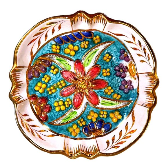 Vtg HAND PAINTED H BEQUET Quaregnon BELGIUM MAJOLICA BOWL Wall Hanging 8" READ - Picture 1 of 14